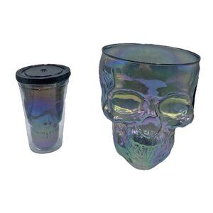 Halloween Skull Bucket & Tumbler Set Iridescent Color Plastic Candy Pail Cup
